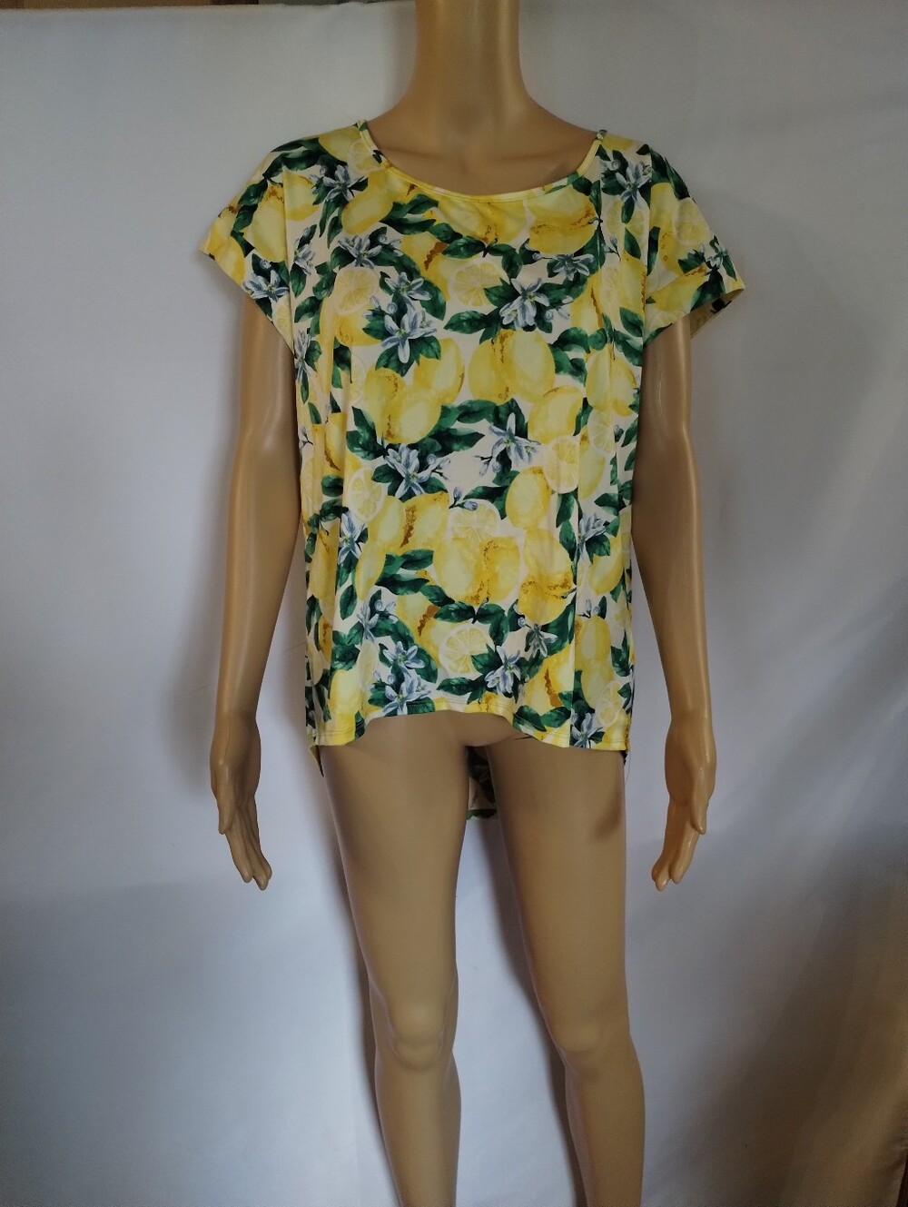 Tacera Lemon Print High Low Blouse 1X Yellow Fruit Top Summer Tropical Plus